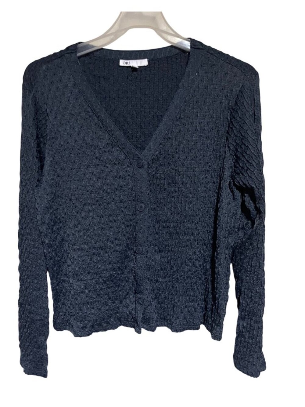 DR2 Womens Cardigan XL Navy Blue Textured Button-Front Woven Top V-Neck